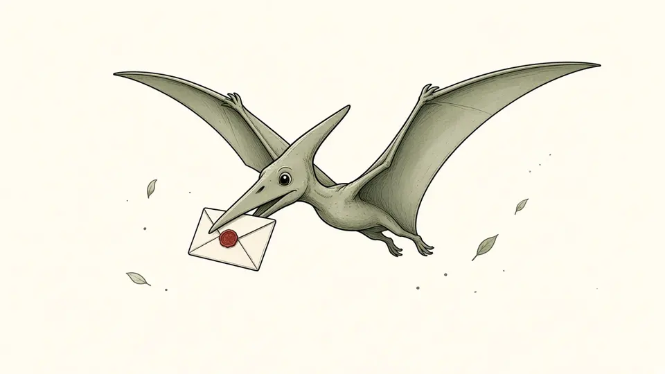 Ink drawing of a pterodactyl flying with a sealed envelope in its beak