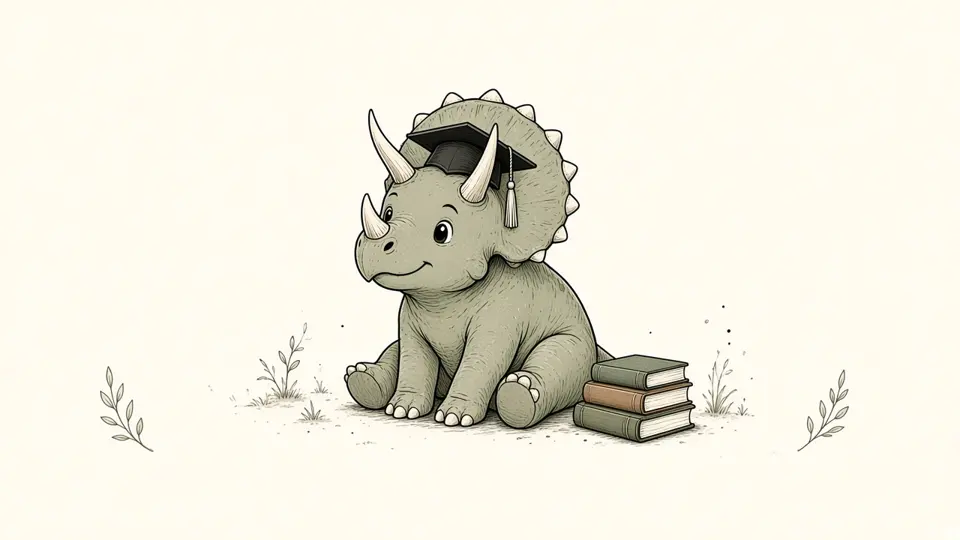 Ink drawing of a triceratops in a graduation cap sitting next to a stack of books