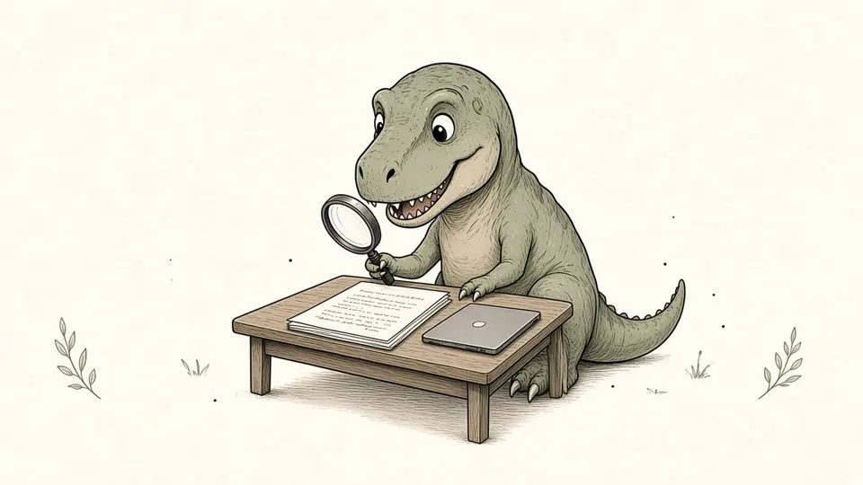 Ink drawing of a T-rex at a small desk, reading printed chat transcripts through a magnifying glass