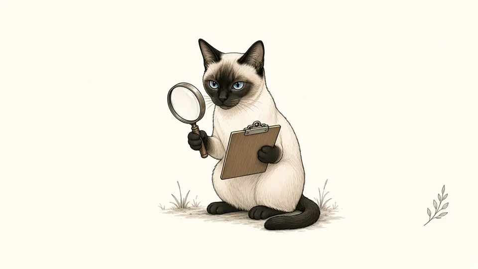 Ink drawing of Kira the Siamese cat holding a magnifying glass and a clipboard