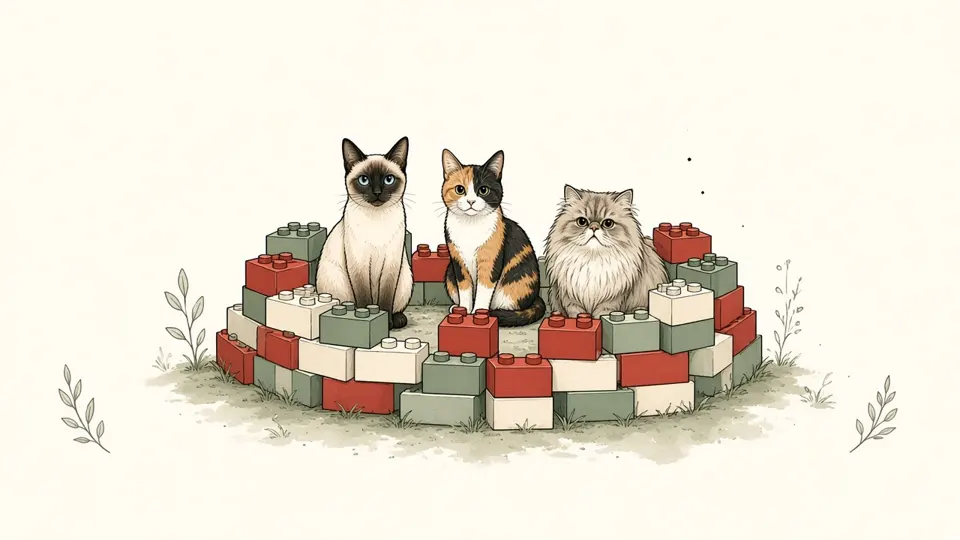 Ink drawing of Kira the Siamese, Constantine the calico and Etsuko the Persian sitting inside a fort of toy bricks