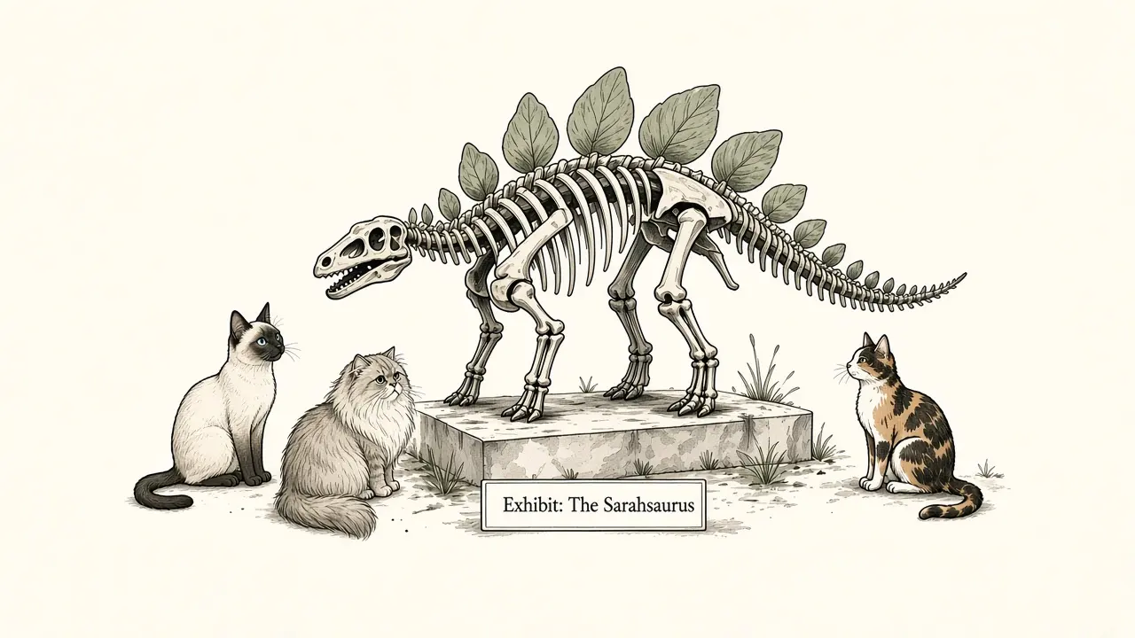 Ink drawing of a stegosaurus skeleton on a museum plinth. Kira the Siamese, Etsuko the Persian and Constantine the calico look up at it. The plinth label reads Exhibit: The Sarahsaurus.
