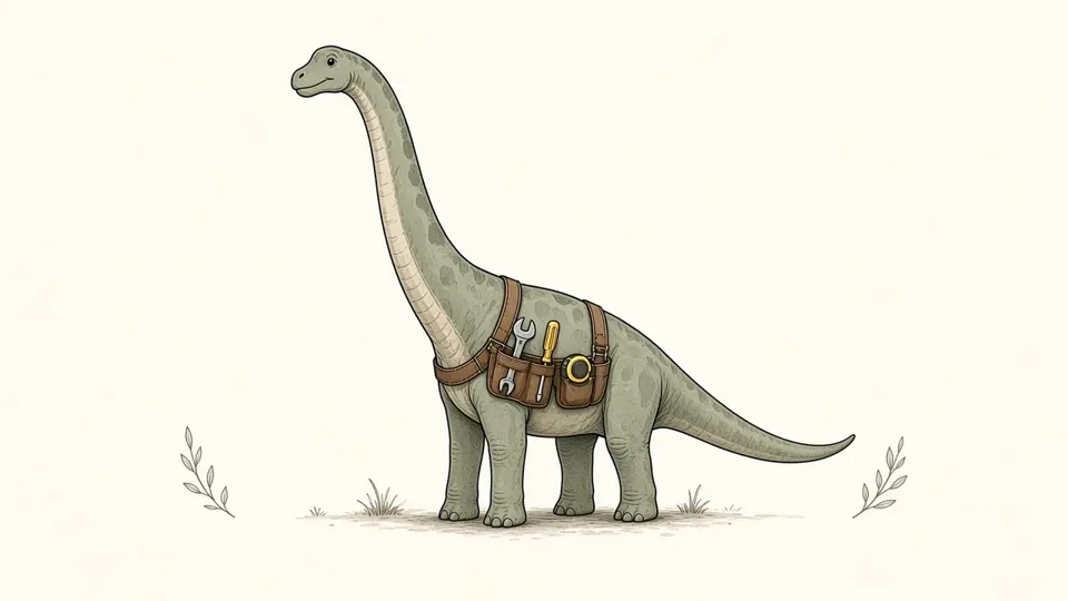 Ink drawing of a brachiosaurus wearing a leather toolbelt with a wrench, screwdriver and tape measure